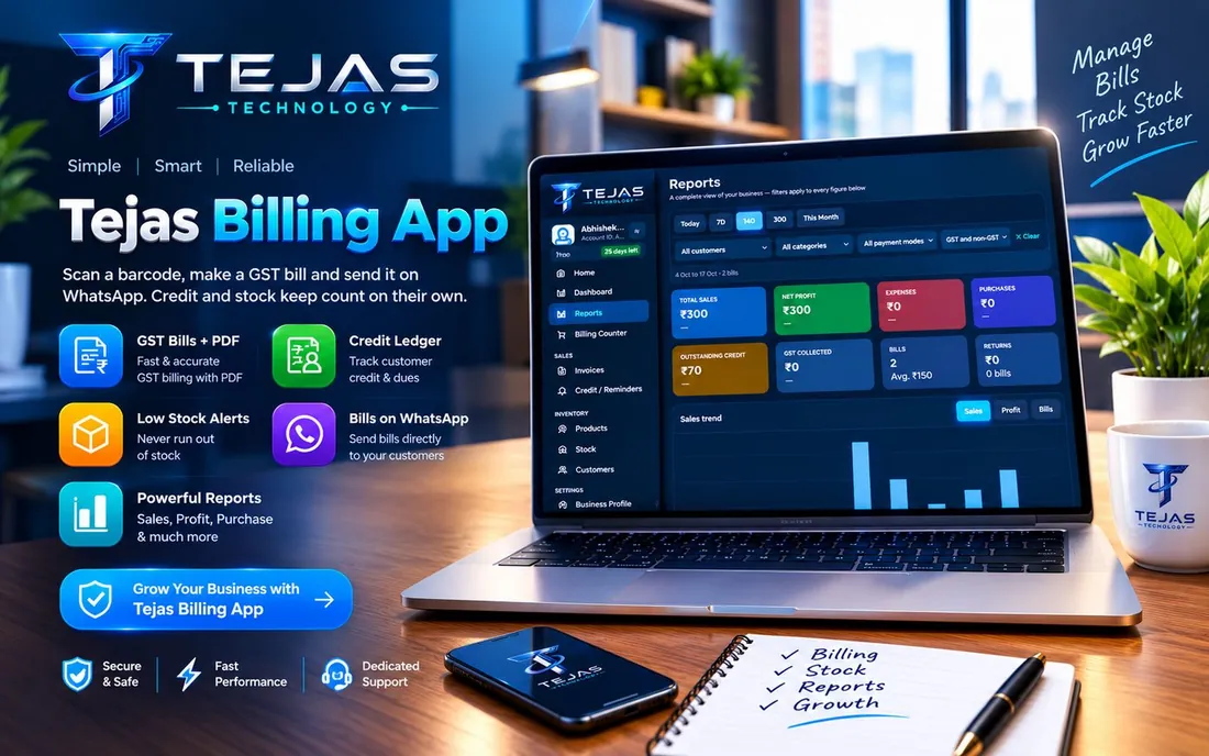 Tejas Billing App on a laptop